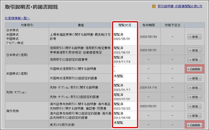 取引説明書・約諾書などの閲覧状況はどこで確認できますか